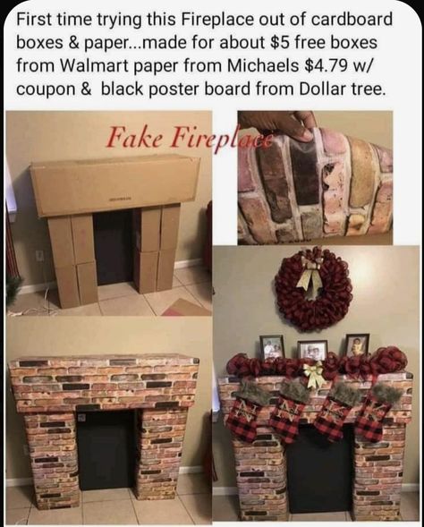 Faux Fireplace Diy Cardboard, Fake Fireplace Diy, Diy Christmas Fireplace, Easy Home Diy, Cardboard Fireplace, Fake Fireplace, Faux Fireplace Diy, Christmas Fireplace Decor, Office Christmas Decorations