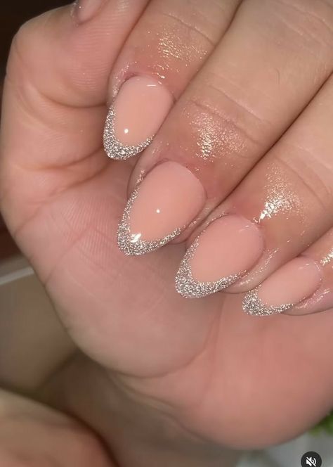 Sparkly French Tip Nails Round, French Tip Ideas With Glitter, Nails Inspiration French Tip Glitter, Silver And Sparkle Nails, Subtle Glitter Nails Acrylic, Oval Glitter Tip Nails, White Sparkly Tip Nails, Glitter Oval Acrylic Nails, Almond Shape Glitter French Tip