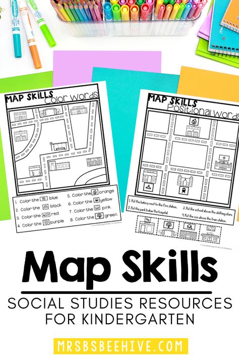 Find fun and engaging ways to teach map skills to your kindergarten students! Teaching Maps Kindergarten, Maps Kindergarten Activities, Map Activities For Kindergarten, Map Skills First Grade, Map Skills Kindergarten, Geography Kindergarten, Kindergarten Maps, Me On The Map Activities, Social Studies For Kindergarten