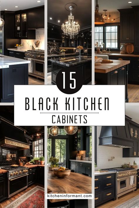 Black Kitchen Cabinets: A Guide to Stylish and Timeless Designs - Kitchen Informant Black Glass Front Kitchen Cabinets, Black Kitchen Walls, Black Kitchen Cabinets White Countertops, Black Cabinets Kitchen, Black Lower Cabinets, Coastal Cottage Kitchen, Home Decor Themes, Black Kitchen Countertops, Matte Black Kitchen