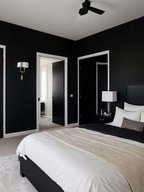 Create a chic minimalist bedroom by incorporating sleek black furniture pieces. Add a touch of sophistication with a statement black accent wall and complete the look with minimalistic decor and furnishings. Chic Minimalist Bedroom, Luxury Apartment Decor, Black Accent Wall, Male Bedroom Ideas, Bedroom Wall Decor Above Bed, Mens Bedroom Decor, Minimalistic Decor, Black Bedroom Decor, White Living Room Decor