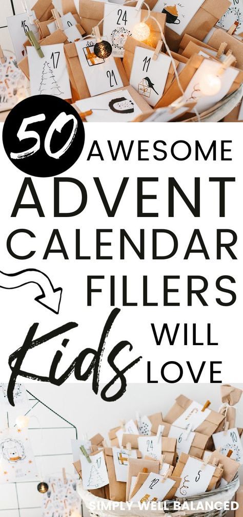 The best advent fillers for kids. 50 ideas for what to put in a kid's advent calendar. Small toys and treats that kids will love. These mostly non-candy advent calendar fillers make great gift ideas for your Christmas countdown. #christmas #holidays Advent Calendar Fillers, Natal, Advent Calendar Fillers For Kids, Fun Advent Calendar, Candy Advent Calendar, Kids Advent, Cool Advent Calendars, Homemade Advent Calendars, Calendar Advent