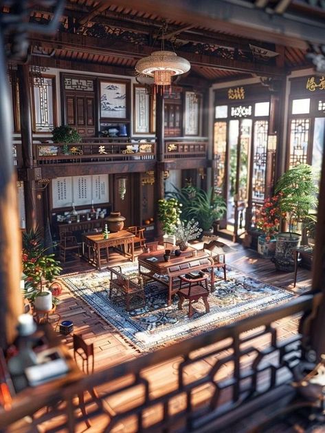 Neo Chinese Style Architecture, Southeast Asian Apartments, Japanese Mansion Interior, Cozy Japanese Home, Traditional Japanese Mansion, Chinese Style House, China Apartment, Chinese House Interior, Traditional Chinese Home