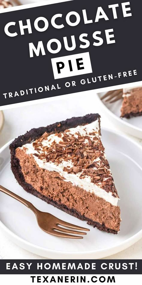 This chocolate mousse pie has a totally homemade Oreo-like cookie crust that’s made in just a few minutes. The mousse is no-bake and only requires 4 basic ingredients. It can be made with all-purpose, whole wheat or gluten-free flour. The best mousse pie recipe! Chocolate Mousse Pie Recipe Easy, Gluten Free Chocolate Mousse Pie, Moose Pie Recipe, Keto Chocolate Mousse Pie, Chocolate Mousse Pie Easy, Chocolate Moose Pie Recipe Easy, Easy Chocolate Mousse Pie, No Bake Chocolate Mousse Pie, Chocolate Mousse Pie Recipe