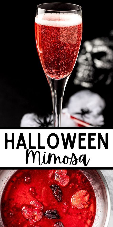 Halloween Cocktails With Prosecco, Halloween Themed Mimosa, Halloween Champagne Drinks, Halloween Champagne Punch, Halloween Drinks With Wine, Halloween Drinks With Champagne, Spooky Champagne Cocktails, Halloween Mimosa Recipe, Simple Halloween Cocktails Recipes