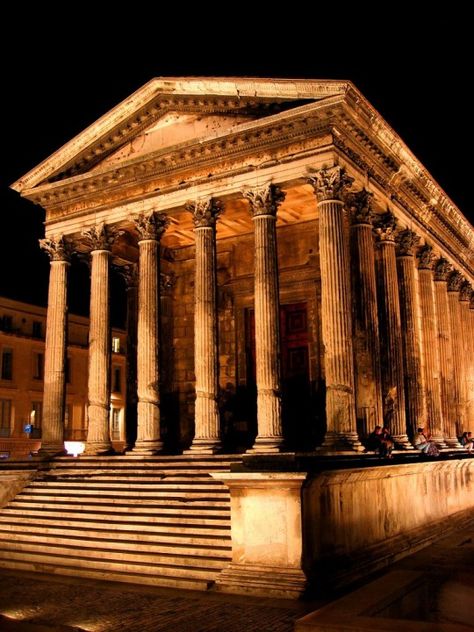 Maison Carrée - the only completely preserved temple from the ancient Roman world. Built in year 16CE, Nîmes, France. Classical Architecture, Ancient Roman Architecture, Nimes France, Architecture Antique, Empire Romain, Roman Architecture, Ancient Buildings, Southern France, Roman History