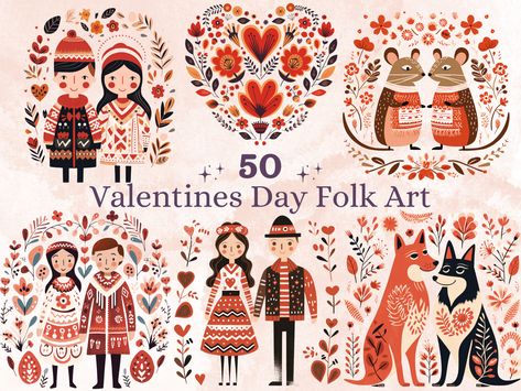 Folk Art Hearts, Scandinavian Valentines Day Decor, Scandi Folk Art, Scandinavian Illustration, Fantasy Romance Art, Art Romantique, Couple Png, Art Love Couple, Valentine's Day Illustration