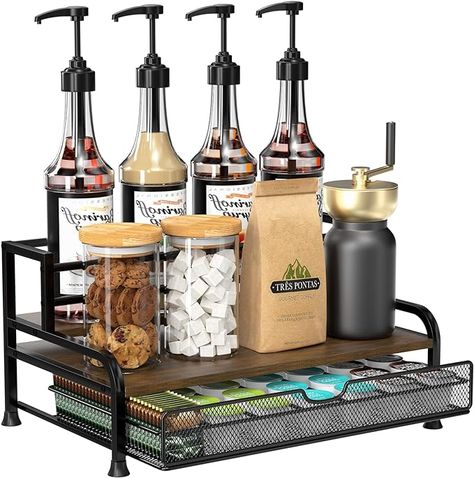 Amazon.com: PONEYA Coffee Syrup Rack Organizer, 3-Tier 8 Bottles Coffee Syrup Rack with 35 K Cup Storage Basket for Coffee Bar, Syrup Bottle Holder Stand for Syrup, Wine, Dressing for Kitchen Coffee Station : Home & Kitchen Cute Countertop Decor, Cocktail Coffee Bar, Small Coffee Bar On Countertop, Apartment Decorating Coffee Bar, Coffee Drawer Organizer, Conference Room Coffee Station, Coffee Station Accessories, Victorian Coffee Bar, Cowboy Coffee Shop