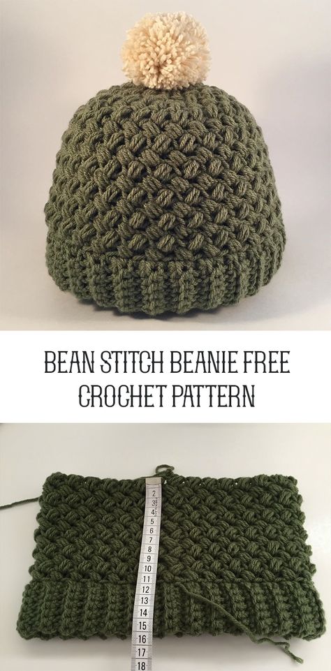 The Bean Stitch Beanie/Free Crochet Pattern Crochet Bobble Beanie, Puff Stitch Crochet Beanie, Little Bean Stitch, Crochet Beanie Top Down Pattern, Crochet Bean Stitch Free Pattern, Bean Stitch Crochet Hat, Beginner Crochet Beanie Tutorials, How To Knit Beanie, Crochet Hat Stitches