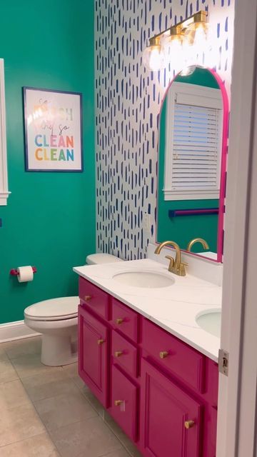 Small Bathroom Decor Colorful, Colorful Bathroom White Tile, Black And White Bathroom Pop Of Color, Pop Of Color Bathroom Vanity, Bright Colored Bathroom Ideas, Fun Retro Bathroom Ideas, Bright Colorful Bathroom Ideas, Bright Half Bath, Colorful Bathroom Remodel