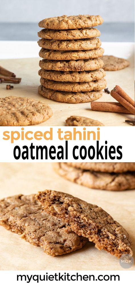 Tahini Oatmeal, Oatmeal Cookies Vegan, Spiced Oatmeal, Oat Cookie Recipe, Tahini Cookies, Tahini Recipe, Vegan Cookies Recipes, Vegan Holiday, Cookies Vegan