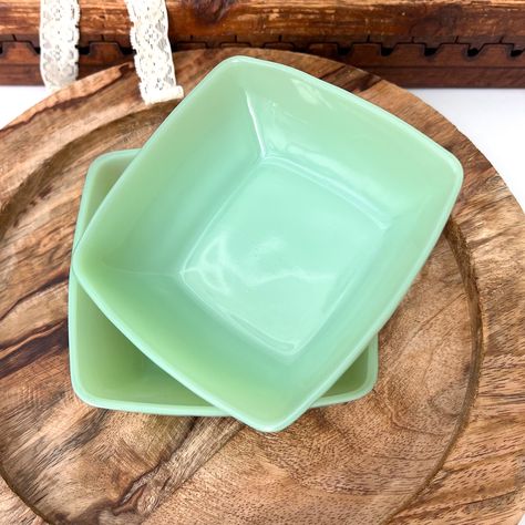 Fire King Jadeite Charm, Dessert Bowls, Green Berry Bowl, Vintage Square Dinnerware, Luncheon by RosieFleur on Etsy Green Milk Glass, Green Glassware, American Kitchen, Berry Bowl, Dessert Bowls, Vintage Dishes, Mixing Bowls, Fire King, Green Glass