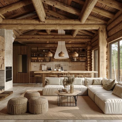 Log Interior Ideas, Norwegian Log Cabin, Ski House Living Room Decor, Log Cabin Rugs Living Rooms, Log Cabin Inspiration, Scandinavian Log Cabin Interior, Loghouse Interior Modern, Contemporary Log Cabin, Montana Cabin Interiors