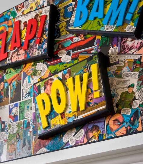 Comic Book Crafts, Superhero Canvas, Superhero Bedroom, Superhero Room, Book Crafts Diy, Geek Decor, Superhero Theme, Canvas Crafts, Mod Podge