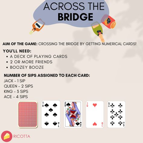 across the bridge drinking card game Card Drinking Games For Two, Deck Of Card Drinking Games, 3 Person Drinking Games, Deck Of Cards Drinking Game, Two Player Drinking Games, 2 Person Drinking Game, Two Person Drinking Games, Couples Drinking Games, Drinking Games With Cards