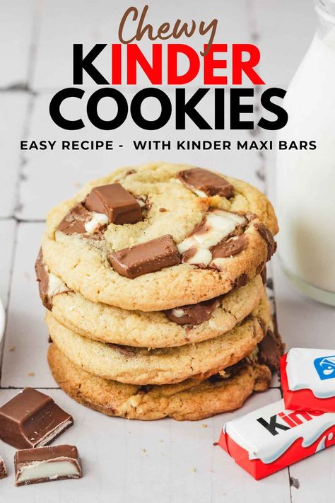 Indulge in the joy of baking with our simple Kinder Cookies recipe. Soft, chewy, and loaded with Kinder chocolate maxi bars, they're perfect for any occasion, whether it's a casual get-together or a festive celebration. Kinder Cookies Recipe, Kinder Joy Recipe, Easy Baking Recipes Cookies, Loaded Cookies Recipe, Deep Dish Cookie Recipe, Simple Cookies Recipes, What To Bake When Bored Simple, Soft Cookies Recipes, Kinder Recipes