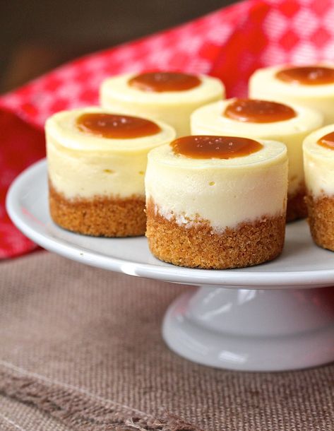 These Mini Cheesecakes with Salted Caramel are so ridiculously delicious and creamy. Dolci Finger Food, Mini Cheesecake Pan, Biscotti Cheesecake, Savory Cakes, Mini Cheesecake Recipes, Mini Torte, Caramel Cheesecake, Mini Cheesecakes, Mini Foods