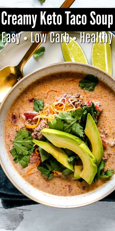 Creamy Keto Taco Soup - When you are in the mood for soup, make this creamy keto taco soup recipe. It’s warm and hearty with a bit of a bite!   #keto #ketorecipes #ketodiet #Ketotacosoup #tacosoup #soup #souprecipes #tacorecipes #mexicanfoodrecipes #dinnerideas #food #recipes Queso Soup, Keto Taco Soup, Easy Queso, Mexican Soups, Keto Taco Seasoning, Low Carb Soups, The Best Soup, Keto Soups, Low Carb Tacos