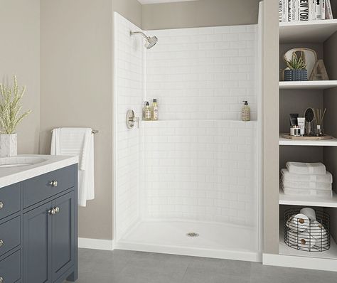 Standing Showers - Aquarius One Piece Shower Stall, One Piece Shower, Lake Bathroom, Subway Tile Patterns, Subway Tile Design, Subway Tile Showers, Shower Stalls, Standing Shower, Shower Inserts