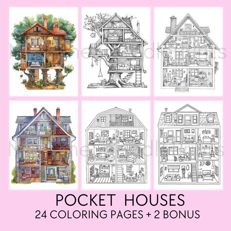 24 Pocket House Coloring Pages, For Adults, Printable Coloring Book, Tiny Homes Coloring, Pocket Homes, Digital Download Pocket Room Coloring Pages, Ink House Coloring Book, Fairy Houses Coloring Pages, House Coloring Pages For Adults, Victorian House Coloring Pages, House Coloring Pages, Fantasy Fairy Homes Coloring Book, Fantasy Dream, House Colouring Pages