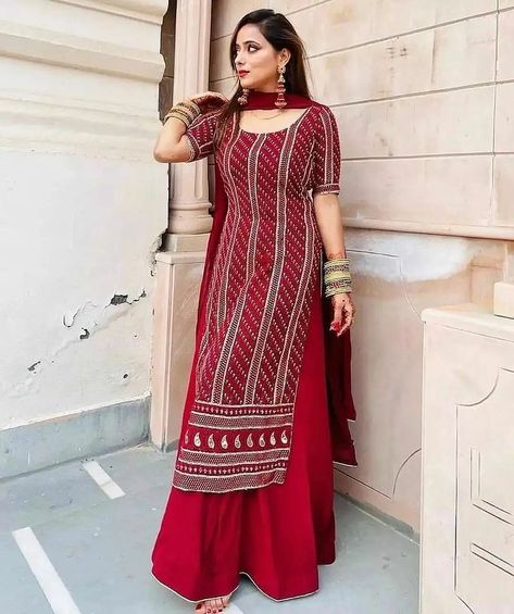 Georgette Straight Kurtis, Red Kurti, Kurti With Palazzo, Kurti Palazzo, Straight Kurti, Georgette Tops, Kurtis With Pants, Printed Kurti, Dupatta Set