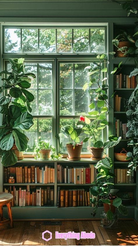 26+ Stunning Sunny Sunroom Ideas That'll Make Your Heart Swoon Sunroom With Bookshelves, Library With Windows, Sunroom Bookshelves, Vintage Sunroom Ideas, Bookshelves Around Windows, Shelves In Front Of Window, Conservatory Library, Library Sunroom, Victorian Sunroom