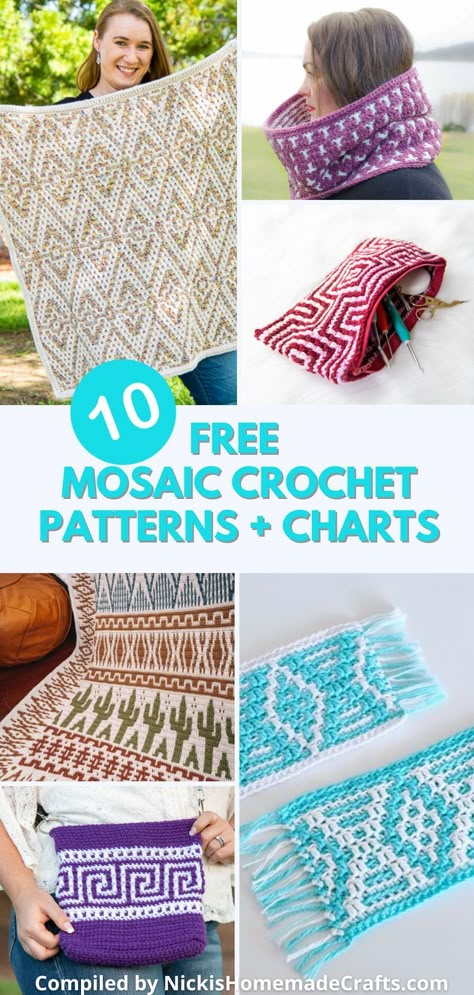 Mosaic crochet is a versatile technique that can be applied to various projects, such as blankets, scarves, or even garments. It's a great way to explore color and texture in your projects while still using familiar and straightforward stitches. Just follow a simple color chart and you can create an impressive design that you can be proud of. Get the mosaic crochet patterns free, with charts, from Nicki's Homemade Crafts. #mosaiccrochetchart #freecrochetpattern Mosaic Squares Crochet, Spanish Crochet Patterns, Simple Mosaic Crochet Pattern, Small Mosaic Crochet Projects, How To Do Mosaic Crochet, Free Crochet Mosaic Patterns, Mosaic Crochet Baby Blanket Patterns, Crochet Mosaic Blanket Free Pattern, Beginner Mosaic Crochet Patterns Free