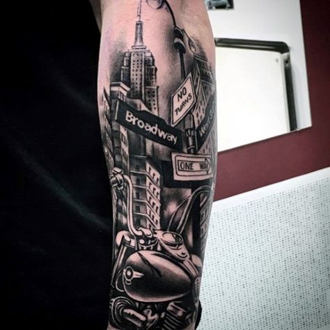 Broadway Street Signs With Skyline Guys Forearm Sleeve Tattoo Chicago Arm Sleeve Tattoo, Broadway Tattoo Ideas, Street Sign Tattoo, Chicago Skyline Tattoo, Broadway Tattoos, Tattoo Gangster, Money Tattoos, Dollar Tattoo, Hd Tattoos