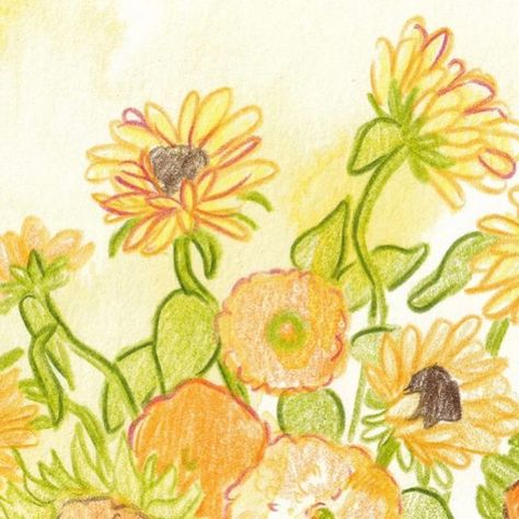 Ellamae’s Sketchbook on Instagram: "A little artist study using faber-castell coloured pencils (and a splodge of ink) 🌻 . . . . . . . . . . #sunflower #colouredpencils #sketchbookdrawing #vangogh #vangoghsunflowers #floralstreet" Sketches Colourful, Flower Art Colored Pencil, Art Ideas Colored Pencils, Artistic Cards, Coloring Pencils Drawing, Drawings Of Sunflowers, Cute Colored Pencil Drawings, Colouring Pencil Drawings, Colour Pencils Art