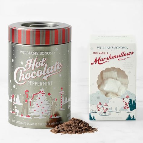 Two beloved Williams Sonoma holiday classics - Peppermint Bark Hot Chocolate and mini marshmallows - are paired in a festive flourish. For a rich, velvety drink, our seasonal spin on European-style hot chocolate is crafted by master chocolatiers, who custom blend shavings of Guittard's finest semisweet and white chocolates, each infused with double-distilled oil of peppermint. The fluffy miniature marshmallows are enriched with pure Madagascar Bourbon vanilla for delicate, creamy sweetness. Set includes 12-oz. tin of Peppermint Bark Hot Chocolate and 4.2-oz. package of Mini Marshmallows. This item cannot be shipped to Hawaii. Hot Chocolate Set, Perfect Hot Chocolate, Gourmet Hot Chocolate, Peppermint Hot Cocoa, Halloween Menu, Gifts Sets, Vanilla Marshmallows, Hot Chocolate Gifts, Peppermint Hot Chocolate