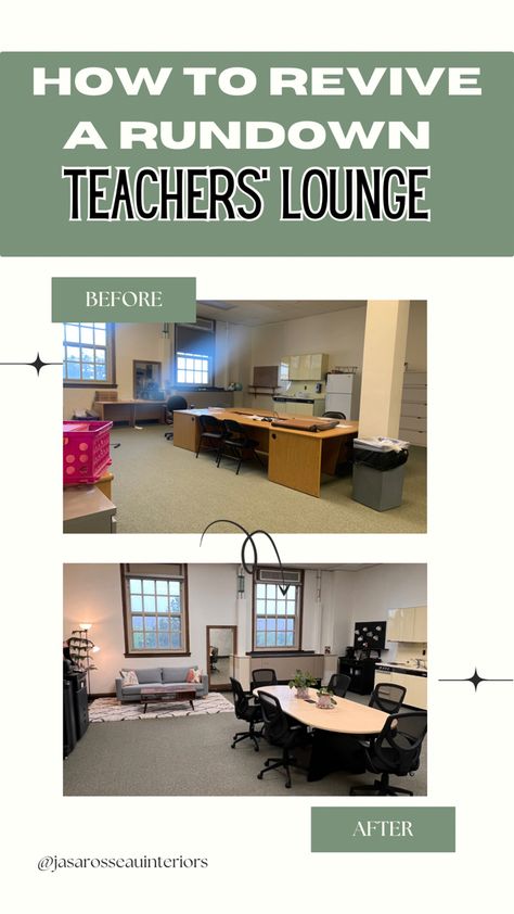 Before and after of an old teacher break room Teacher Break Room Ideas, Small Staff Room Ideas, Staff Break Room Ideas, Office Break Room Ideas, Teachers Lounge Decor, Break Room Decor, Lounge Makeover, Staff Lounge, Office Break Room