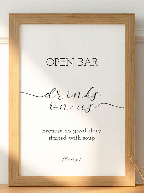 Open Bar Ideas Wedding, Wedding Stations, Open Bar Sign, Bar Signage, Elegant Wedding Stationery, Wedding Guest Book Unique, Wedding Stationery Design, Wedding Posters, Open Bar