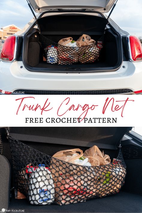 Could your vehicle use some organization? How about a super cool trunk cargo net? Let's whip one up with this free crochet pattern. Crochet Car Decorations Pattern, Crochet Cargo Net, Crochet Car Organizer Free Pattern, Crochet Tire Cover Pattern Free, Crochet Car Console Cover, Car Crochet Projects, Crochet Car Bag, Crochet Car Organizer, Useful Things To Crochet For Home