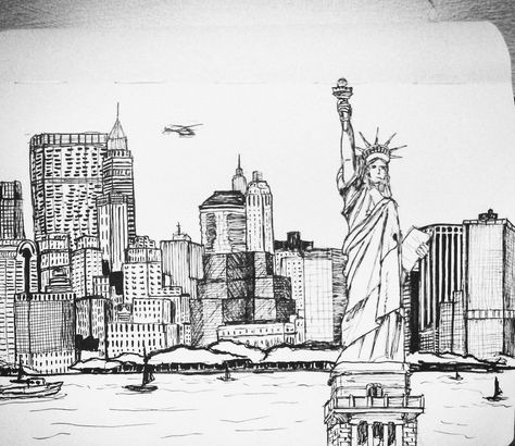 New York City Skyline Drawing, New York Drawing Sketches, New York City Drawing Sketches, New York Buildings Drawing, New York Skyline Drawing, Perspective Environment, New York Perspective, New York City Sketch, City Skyline Drawing