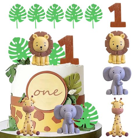 PRICES MAY VARY. PACKAGE – Including a lion, a giraffe, an elephant, a number 1 cake topper,and 5pcs green leaves. MATERIAL – The jungle animals cake toppers are made of clay. Size as the picture shows. CAKE DECOR – The safari animal cake topper is perfect for safari animal themed party, birthday party, wild one cake topper, jungle cake topper, baby shower, oh baby cake decorations. UNIQUE DESIGN – The safari animal cake decorations are vivid. Unique details help enhance imagination and creativi Wild One Cake Ideas, Wild One Birthday Cake, Zoo Animal Cakes, Animal Cake Toppers, Wild One Cake, Safari Baby Shower Decorations, Bautizo Ideas, Animals Cake, Birthday Cake Decorations