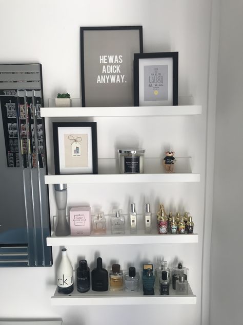 Love these Ikea picture shelves. Changed the dressing room to a black and white theme which is more me. Floating Shelves Dressing Room, Makeup Room Shelves, Perfume Room Ideas, Shelves In Dressing Room, Dressing Table Storage Ideas Shelves, Small Dressing Room Decor Ideas, Dressing Room Shelving Ideas, Floating White Shelves Bedroom, Wall Bedroom Shelves