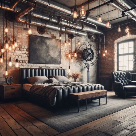 Transform your space with Steampunk vibes by incorporating vintage color palettes, exposed cogs, and unique upcycled pieces. Industrial Hotel Room, Gentleman Bedroom, Steampunk House Interiors, Steam Punk Bedroom, Steampunk Room Ideas, Punk Interior Design, Steampunk Bedroom Decor, Warehouse Bedroom, Mountain Fortress