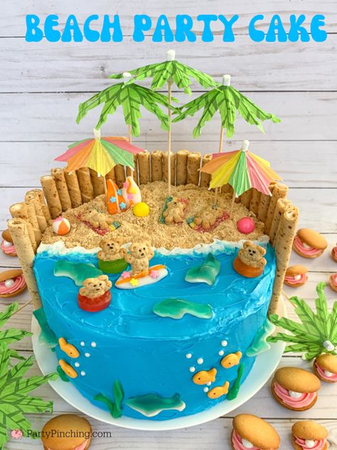 Teddy Graham Beach, Beach Party Cake, Ocean Birthday Cakes, Cake Decorating For Kids, Beach Birthday Cake, Pool Party Cakes, Pool Cake, Kreative Snacks, Ocean Cakes