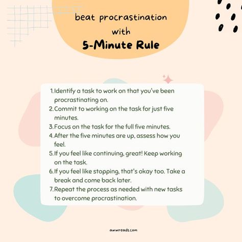 beat procrastination with 5-minute rule 5 Minute Rule, Anti Procrastination Daily Routine, End Procrastination, How To Beat Procrastination, Procrastination Journal Prompts, How To Overcome Procrastination, Productivity Rules, Psychological Flexibility, Productivity Methods