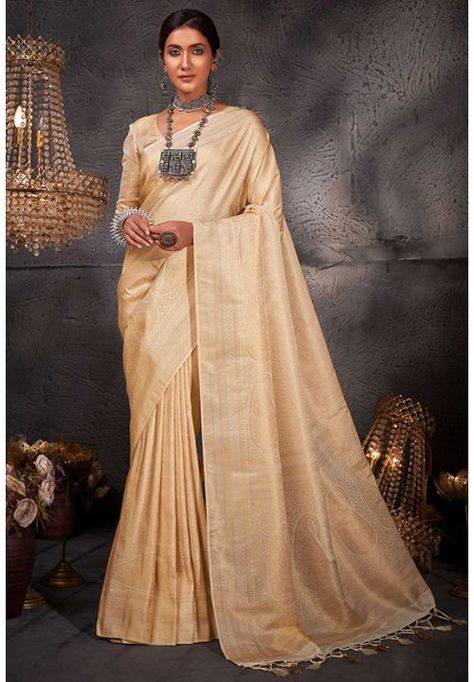 Cream Woven Kanjivaram Silk Saree Gold Silk Saree, Classic Saree, Silk Weaving, Latest Indian Saree, Indian Designer Sarees, Indian Sarees Online, Ready To Wear Saree, Wedding Saree Indian, Trendy Sarees