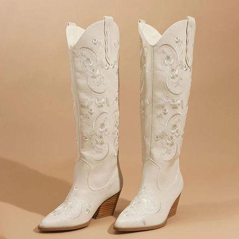 Dresses With Cowgirl Boots, Western Wedding Boots, Nashville Style Outfits, Cowgirl Shoes, Cowgirl Boots Wedding, White Knee High Boots, White Cowgirl Boots, White Cowboy Boots, Wedding Boots