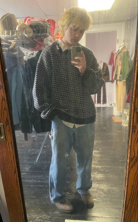 Mirror selfie of boy with bleached hair and oversized blue sweater How To Style A Grandpa Sweater, Grandpa Outfit Aesthetic Men, Old Grandpa Aesthetic, Grandpa Sweater Men, Grandpa Outfits Men, Grandad Sweater Outfit, Masc Sweater Outfit, Grandad Jumper Outfit, Button Up Under Sweater Outfits