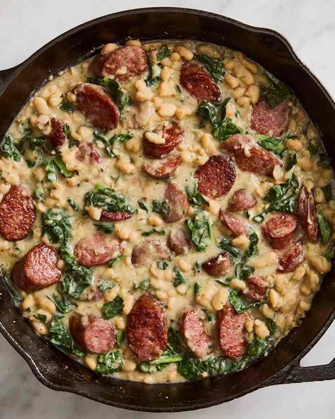 Sausage Skillet Dinner, White Bean And Sausage, Sausage Skillet Recipe, Creamy White Beans, Sausage Skillet, Sausage Recipes For Dinner, Smoked Sausage Recipes, Sausage Dinner, Beans And Sausage