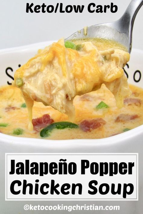 All the great flavors of jalapeño poppers are in this easy to make healthy and hearty soup!  Jalapeño peppers, bacon and cheddar give this Low Carb soup a Mexican flair, loaded with flavor.  Shredded chicken makes it hearty and the cream cheese gives it a creaminess that slightly tames the spiciness.  #ketosoup #jalapenopoppersoup #lowcarbchickensoup Jalapeno Popper Chicken Soup, Low Carb Chicken Soup, Jalapeño Peppers, Popper Chicken, Jalapeno Popper Chicken, Jalapeño Poppers, Boiled Egg Diet Plan, Low Carb Chicken Recipes, Jalapeno Popper