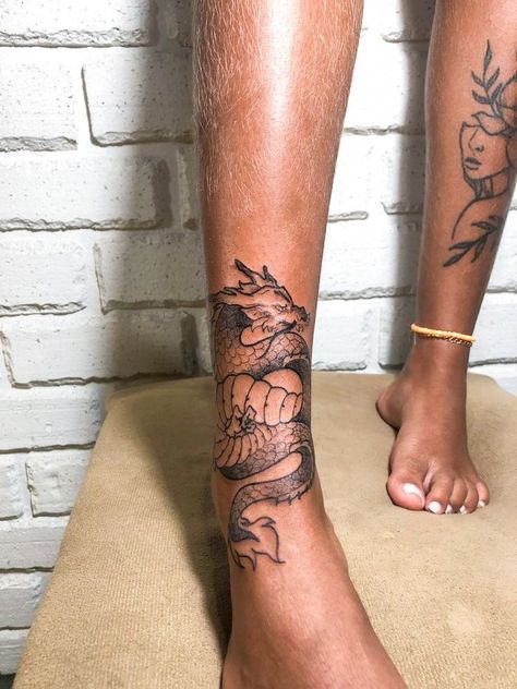 Dragon Tattoo Lower Leg, Red Ink Tattoo On Brown Skin, Black Women Leg Tattoos, Women Shin Tattoos, Woman Calf Tattoo, Womens Shin Tattoo, Lower Shin Tattoo, Lower Calf Tattoo Women, Women Calf Tattoo Ideas