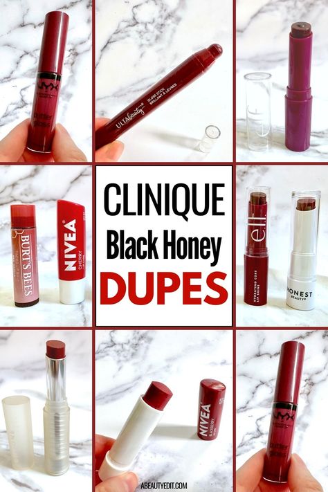 Clinique Black Honey Dupes Black Cherry Lipstick Clinique, Elf Black Honey, Clinic Black Honey Lipstick, Clinique Black Honey Lipstick, Clinique Black Honey Aesthetic, Black Honey Aesthetic, Clinique Black Honey Lip Gloss, Honey Makeup Look, Black Honey Makeup