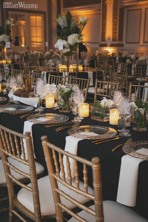 Black Silver Gold Table Setting, Black Wedding With Gold Accents, Black Gold And Glass Wedding, Gold White Wedding Table Setting, Black And Cream Table Setting, Black And Gold Place Setting Wedding, Black Wedding Table Linens, Wedding Table Setting Black Tablecloth, Black White And Gold Event Decor