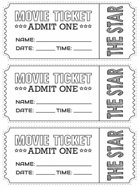 Paper Tickets Free Printable, Cinema Tickets Printable, Cinema Ticket Template Free Printables, Blank Movie Ticket Template, Cinema Ticket Invitation, Movie Night Coloring Page, Diy Tickets Templates, Movie Theater Tickets Free Printable, Diy Movie Tickets Template