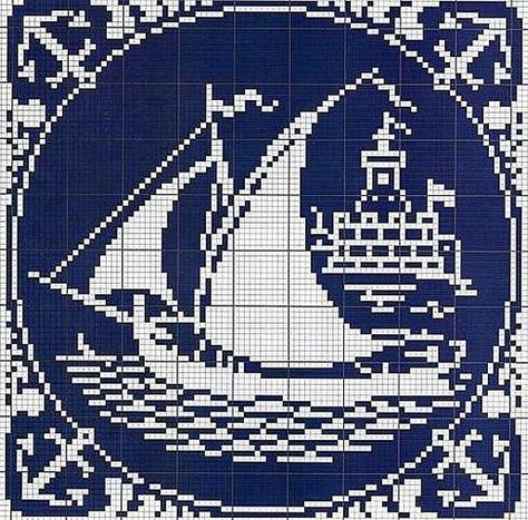 Blue And White Cross Stitch, White Cross Stitch, Cross Stitch Sea, White Cross, Cross Stitch Patterns Free, Free Cross Stitch, Tapestry Crochet, Crochet Chart, Knitting Charts