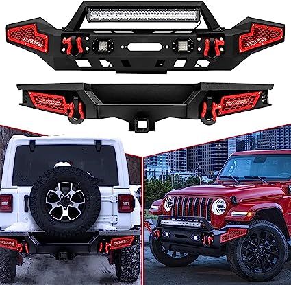 UTVJATV JL Bumpers Front + Rear Combo Fits Jeep Wrangler JL 2018-2023,Plate Steel bumper cover with light & D-Ring &winch plate& 2" Hitch Receiver,Textured Black Jeep Front Bumpers, 2021 Jeep Wrangler, Off Road Bumpers, Jeep Bumpers, Led Driving Lights, Jeep Jl, Strip Led, Wrangler Rubicon, Jeep Wrangler Jl